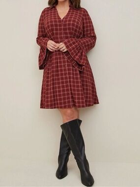 Torrid Rust Plaid Button Front Babydoll Tunic Dress Bell Sleeve Plus Size 0 (L)